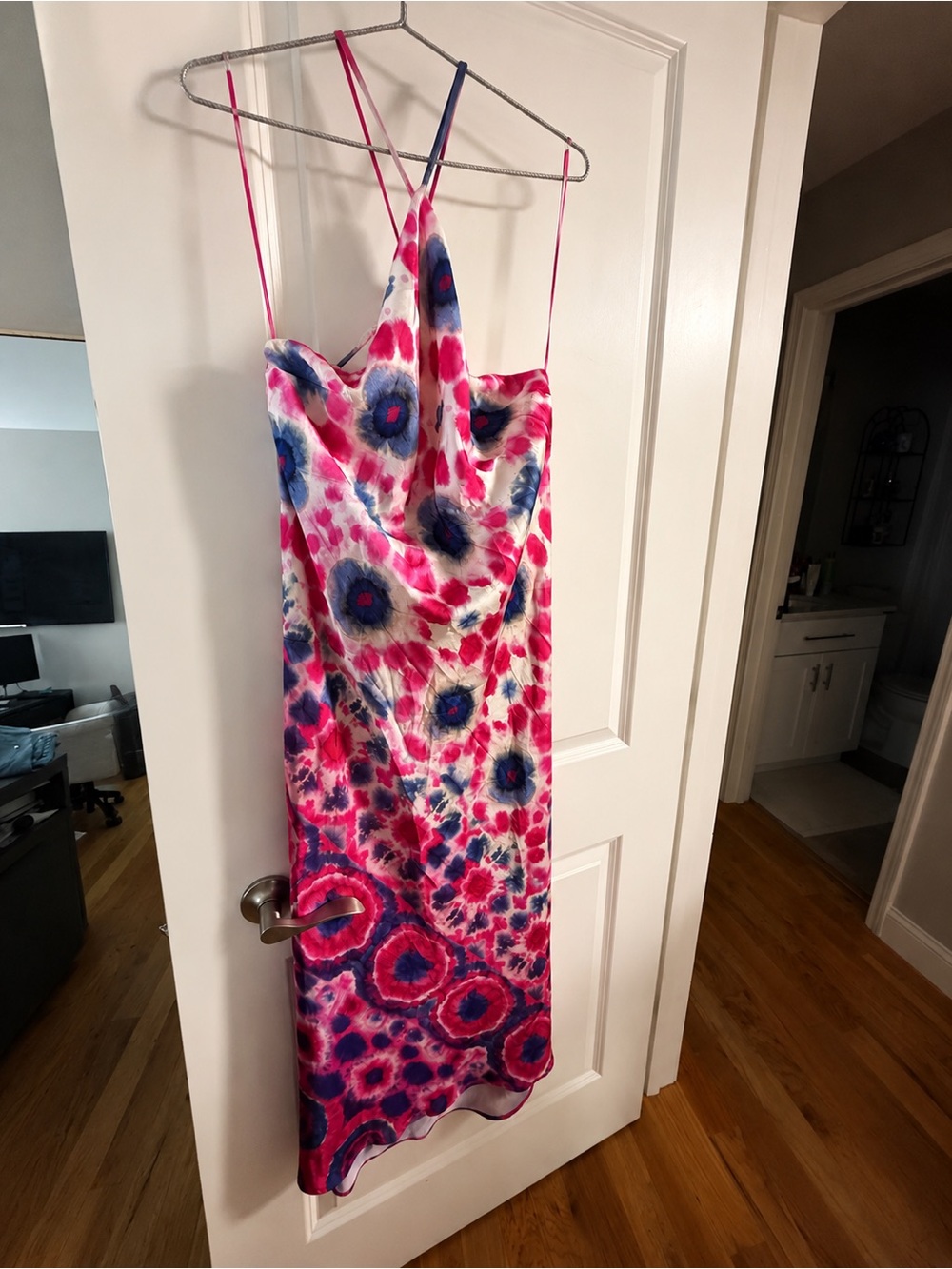 NWT Zara Satin Printed Halter Midi Dress Tie Dye Pink Blue Open Back Size M